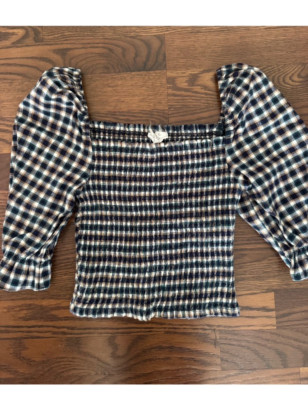 SAGE The Label - Tartan Plaid Smocked Square Neck Top in Navy, Cream & Green